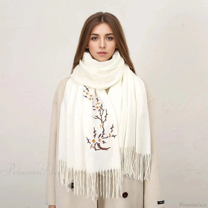 Cashmere Winter Flower Pashmina Shawl with Tassels