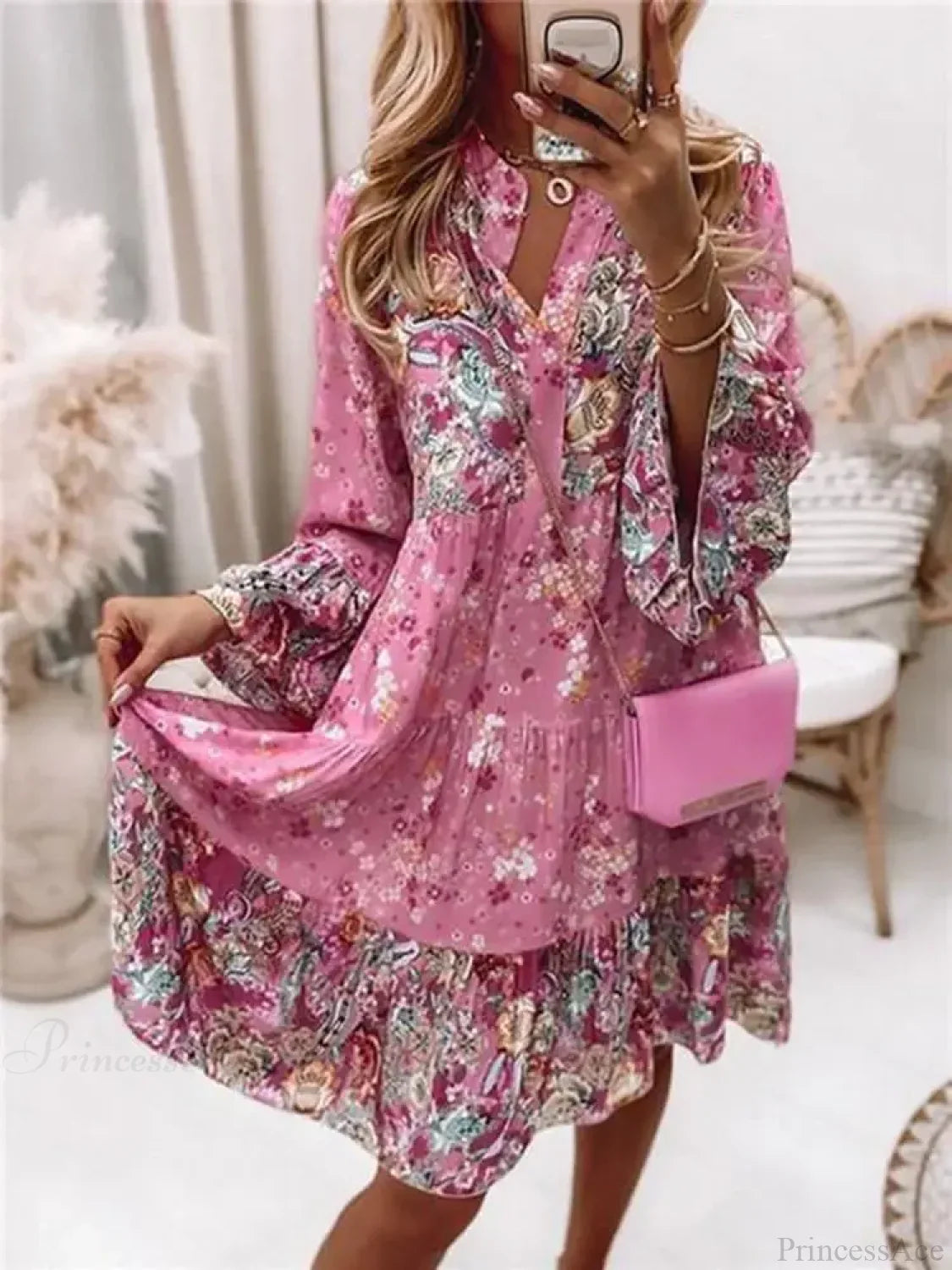 Casual Boho Floral V-neck Ruffled A-line Beach Party Floral Dress