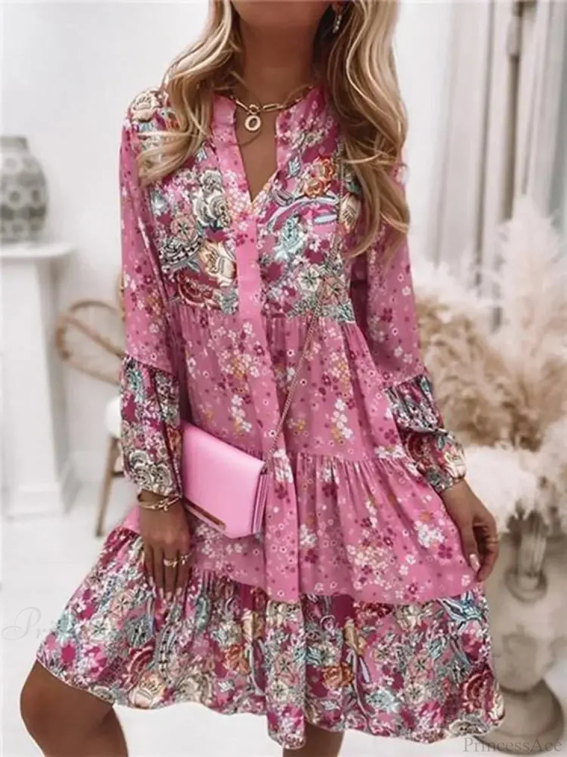 Casual Boho Floral V-neck Ruffled A-line Beach Party Floral Dress