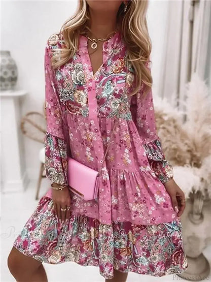 Casual Boho Floral V-neck Ruffled A-line Beach Party Floral Dress
