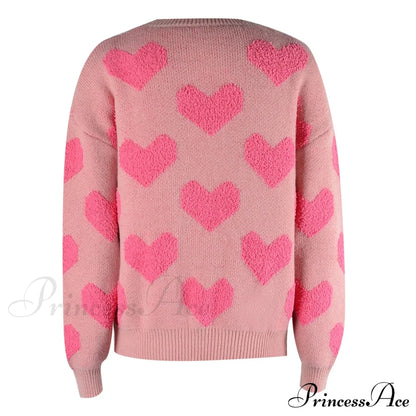 Casual Cozy Loose Pink Heart Pattern Comfortable Long Sleeve Fashionable Sweater