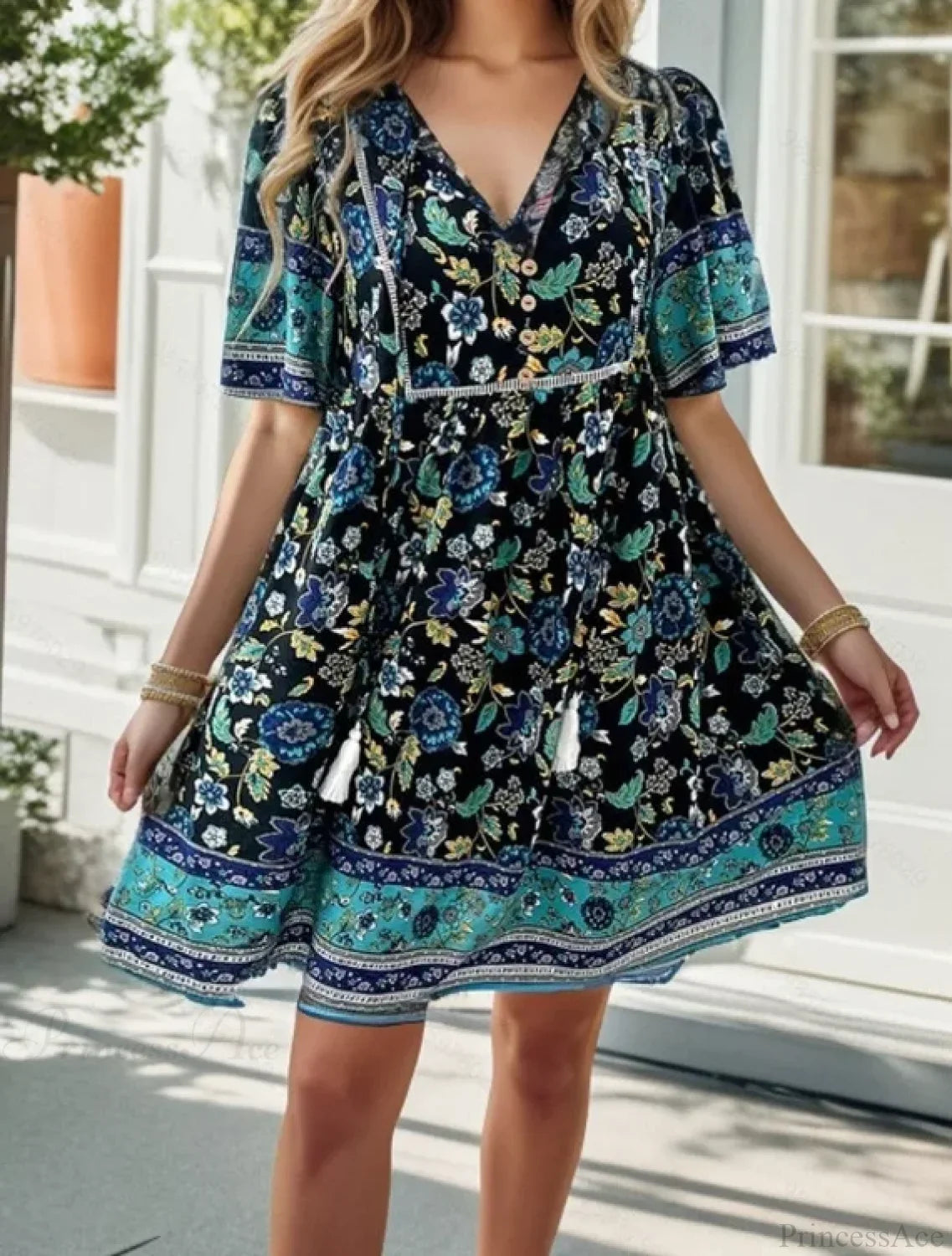 Casual Holiday Floral Print V-neck Short Sleeve Sundress