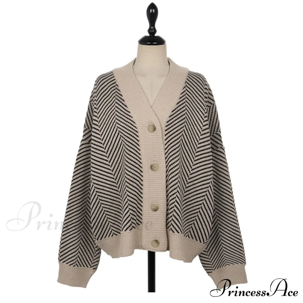 Casual Knitted Cardigan Oversize Button Front Contrast Stripe Cardigan