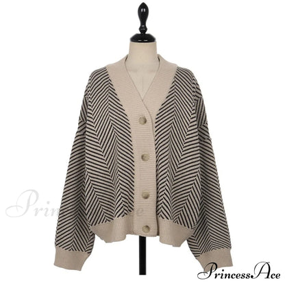 Casual Knitted Cardigan Oversize Button Front Contrast Stripe Cardigan