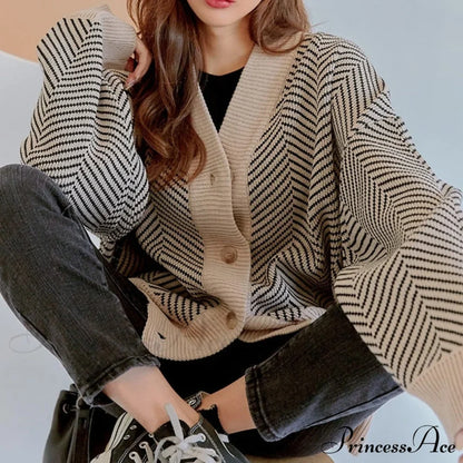 Casual Knitted Cardigan Oversize Button Front Contrast Stripe Cardigan