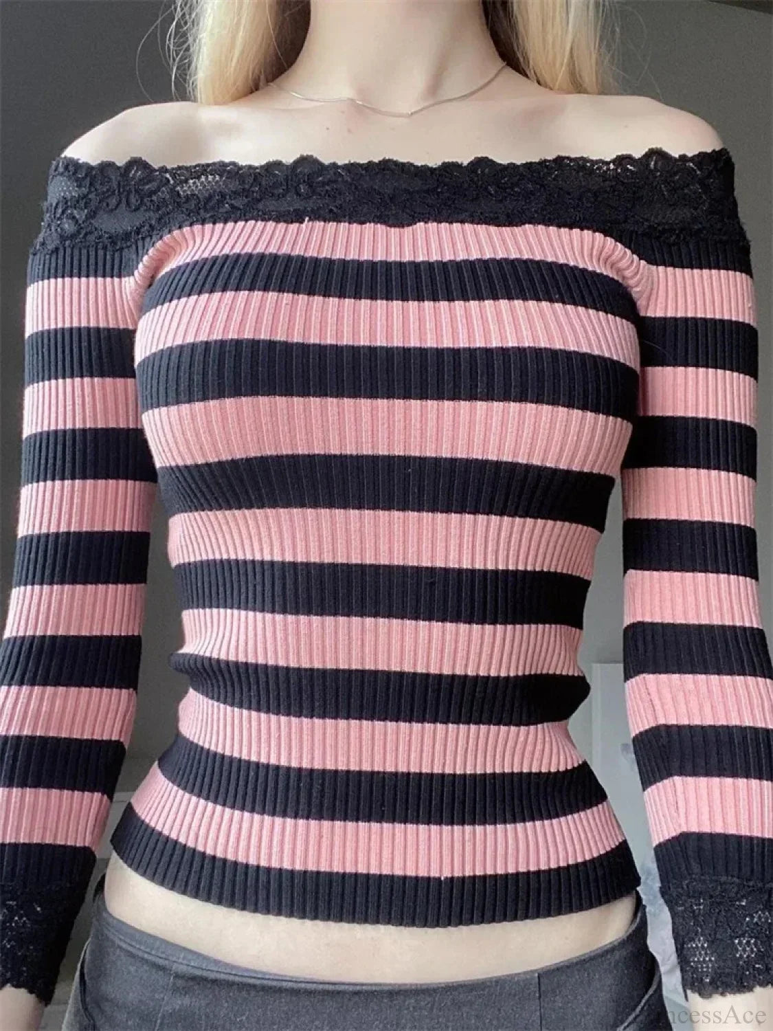 Casual Long Sleeve Retro Striped Off-Shoulder Knit Top