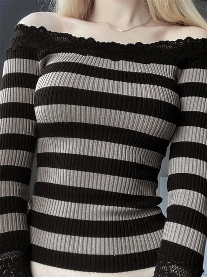 Casual Long Sleeve Retro Striped Off-Shoulder Knit Top