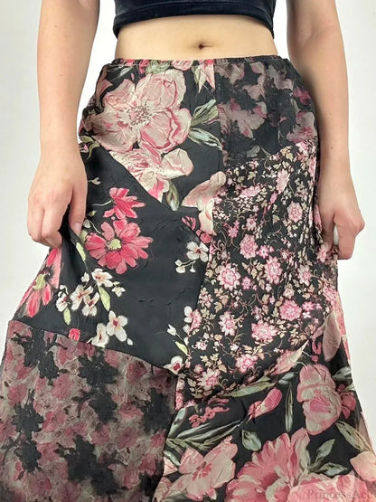 Casual Patchwork Floral Straight Slim Mid-Waisted Maxi Skirt Streetwear