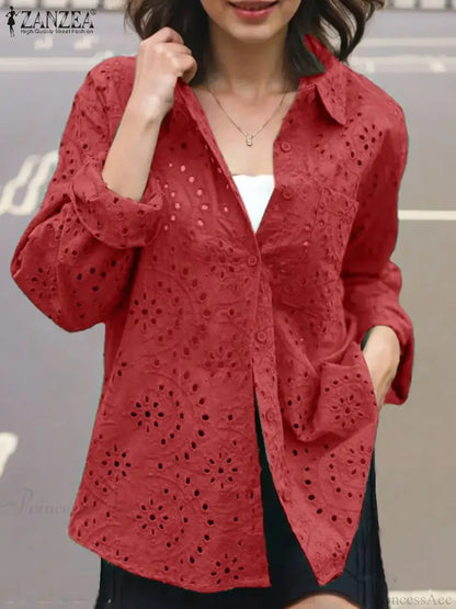 Casual Patchwork Turn-down Collar Embroidered Blouse