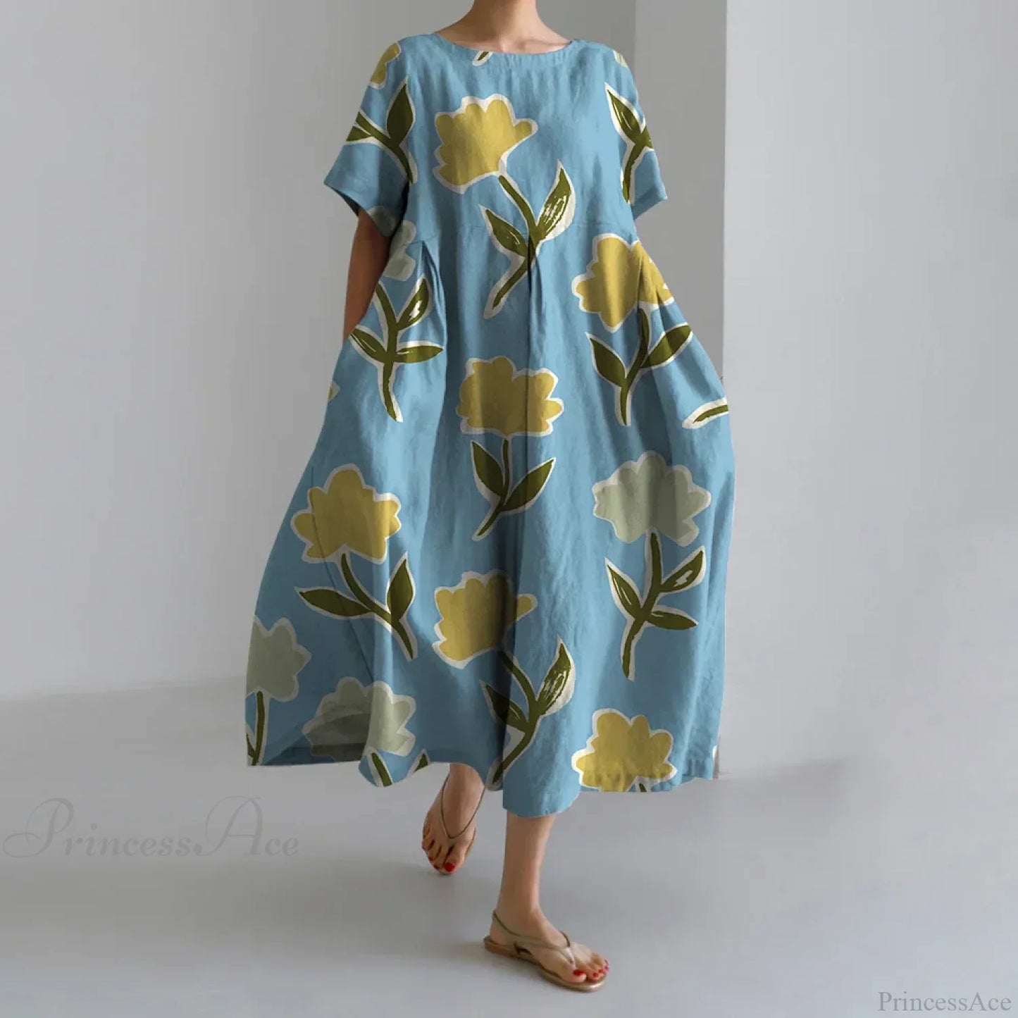 Casual Round Neck Floral Print Loose Long Summer Dress