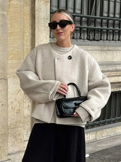 Casual Round Neck Loose Woolen Overcoat