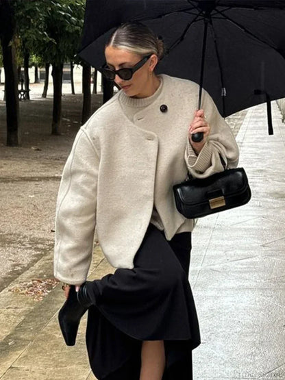 Casual Round Neck Loose Woolen Overcoat
