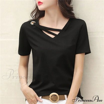 Casual Solid Color Short Sleeve V Neck T-shirt