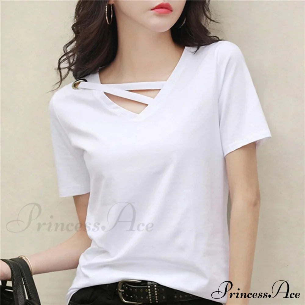 Casual Solid Color Short Sleeve V Neck T-shirt