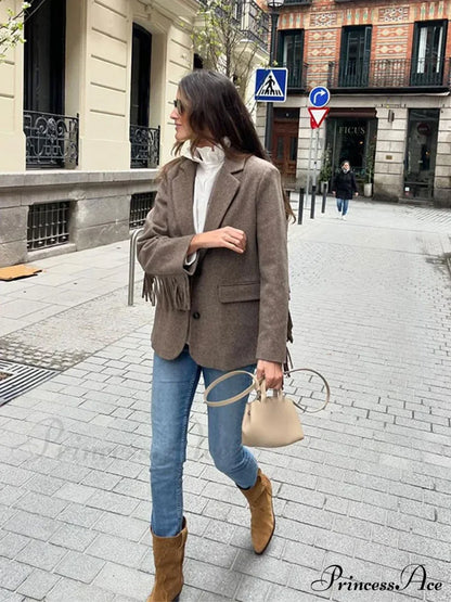 Casual Tassels Patchwork Long Sleeves Lapel Single Breasted Buckle Slim Stylish Coat