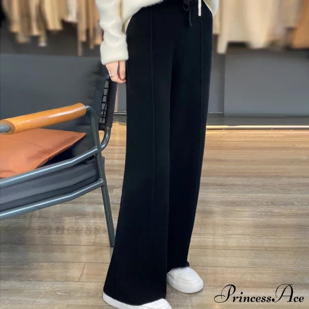 Casual Thick Knitted Elastic High Waist Loose Wide Leg Long Striped Pants