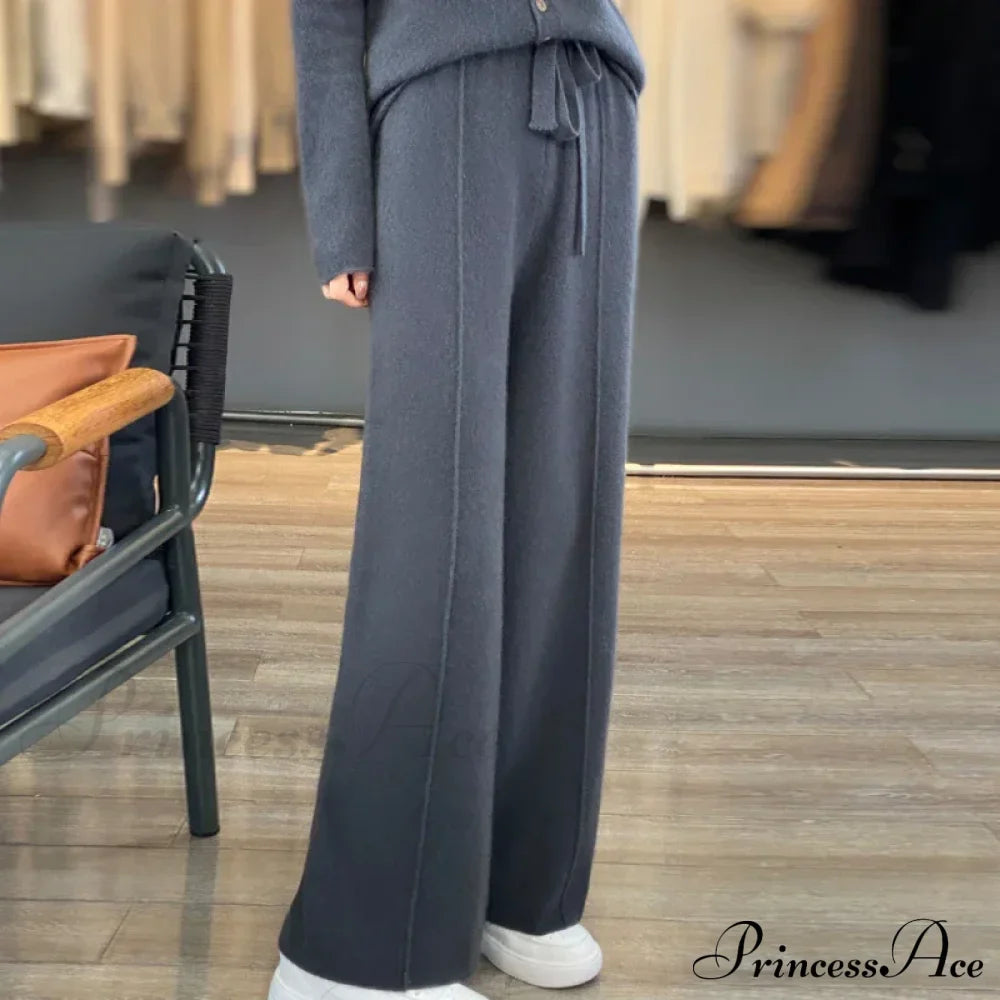 Casual Thick Knitted Elastic High Waist Loose Wide Leg Long Striped Pants