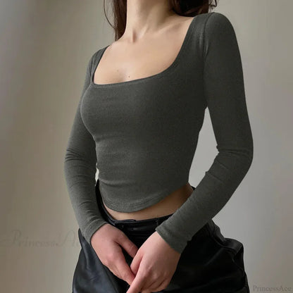 Casual U-neck Sexy Crop Short Long Sleeve Knit Top