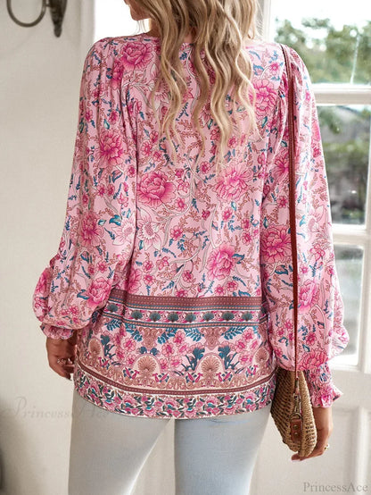 Casual V-Neck Floral Print Long Sleeve Boho Blouse