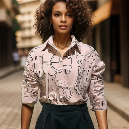 Cat Print Long Sleeve Vintage Casual Blouse