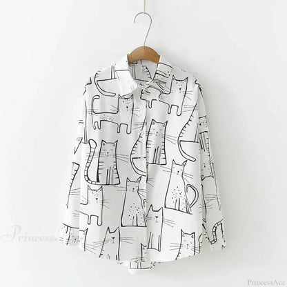 Cat Print Long Sleeve Vintage Casual Blouse