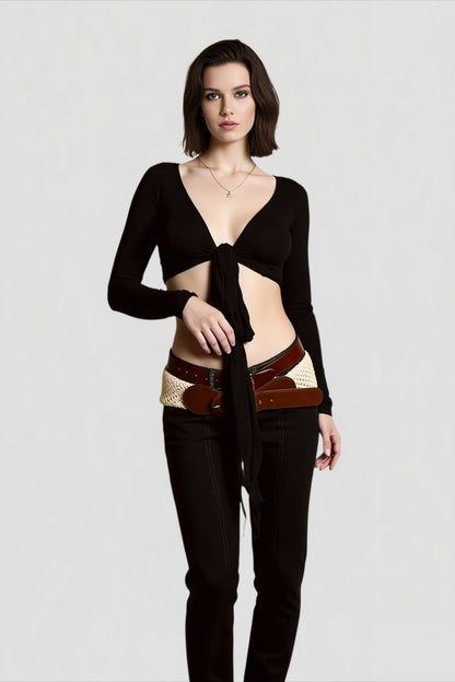 Wrap Tie V Neck  Long Sleeve Cropped Crop Top