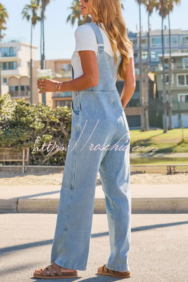 Stylish Loose Pockets Side Buttons Wide-leg Denim Jumpsuit