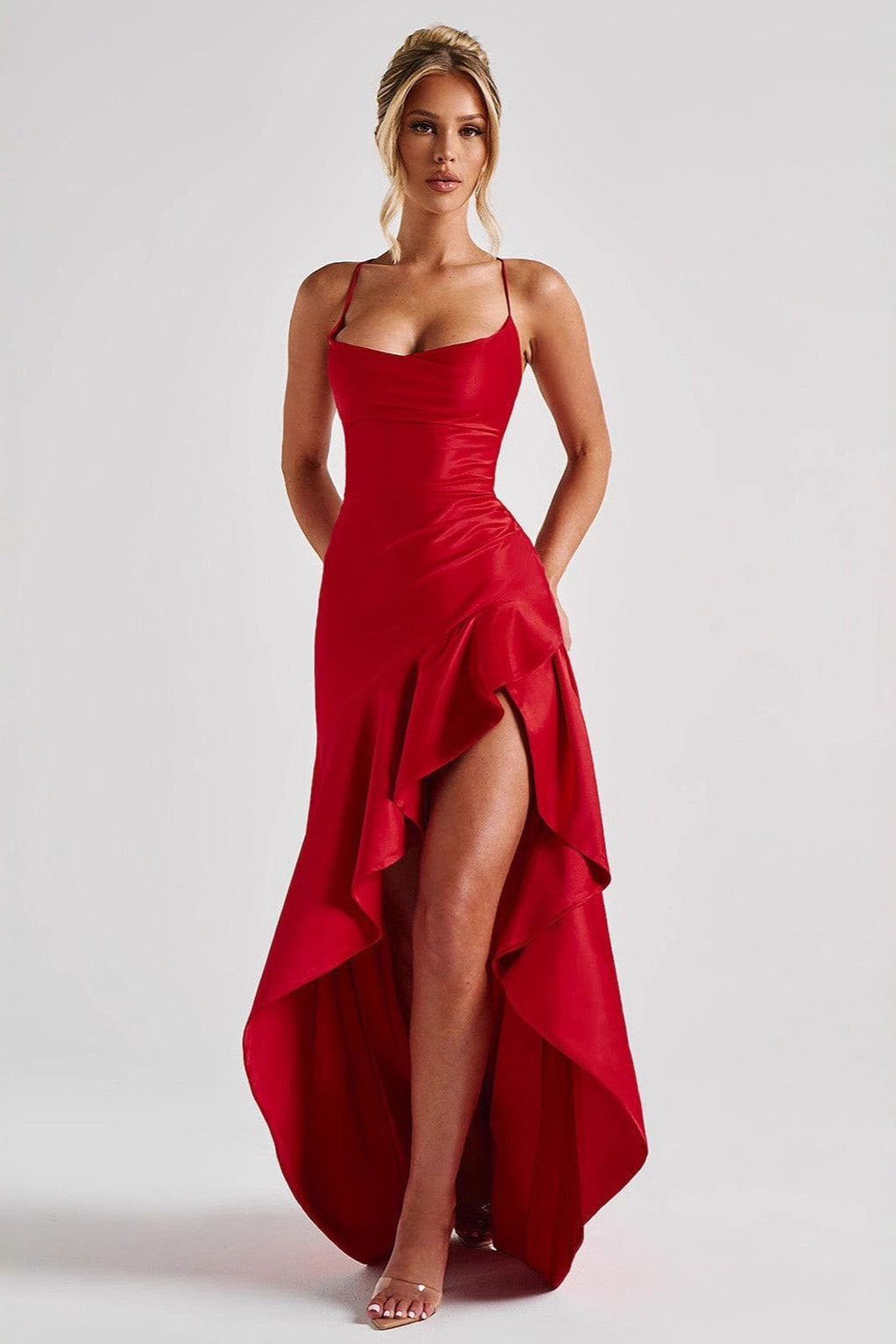 Satin Spaghetti Strap Backless Tie Elegant  Formal Dress