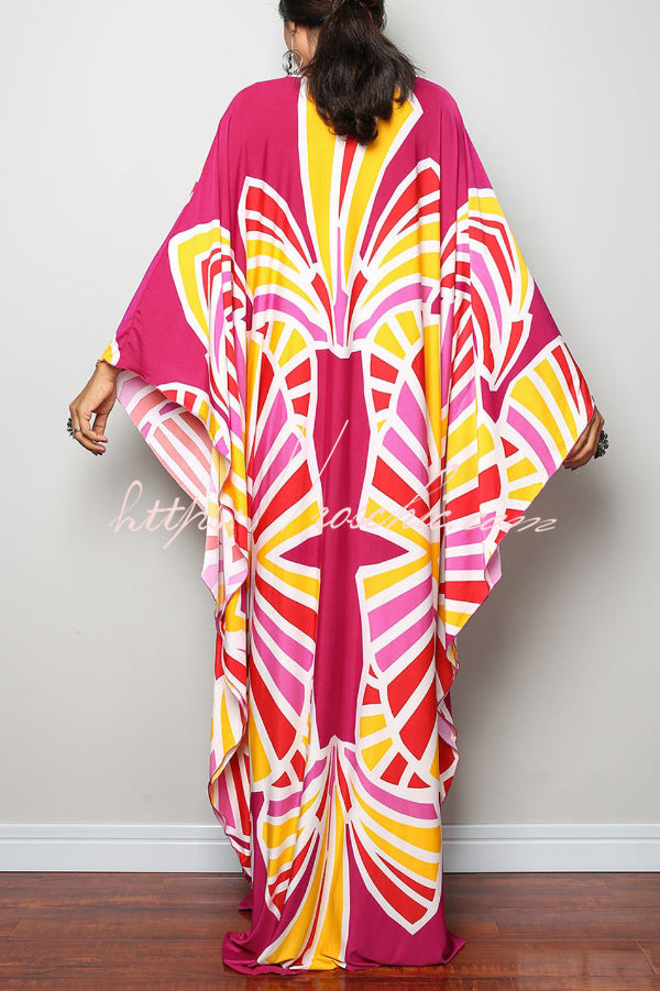 Unique Print Loose V-Neck Batwing Sleeve Casual Maxi Dress
