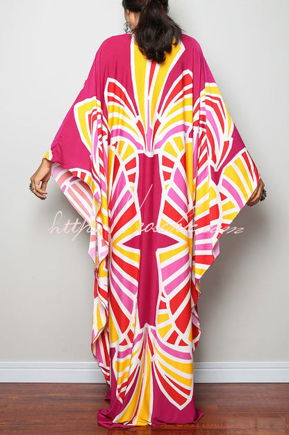 Unique Print Loose V-Neck Batwing Sleeve Casual Maxi Dress
