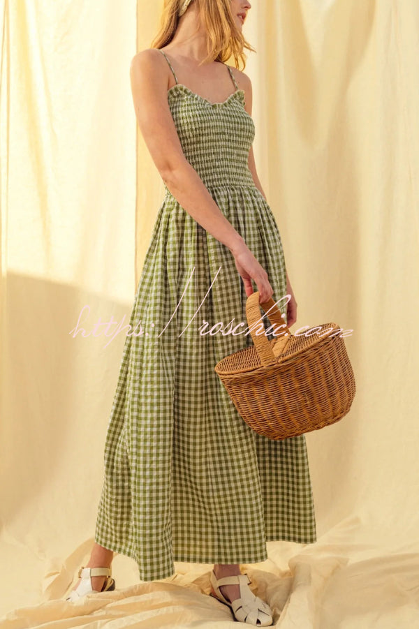 Stylish Plaid Print Spaghetti Strap Ruched Casual Pocket Maxi Dress