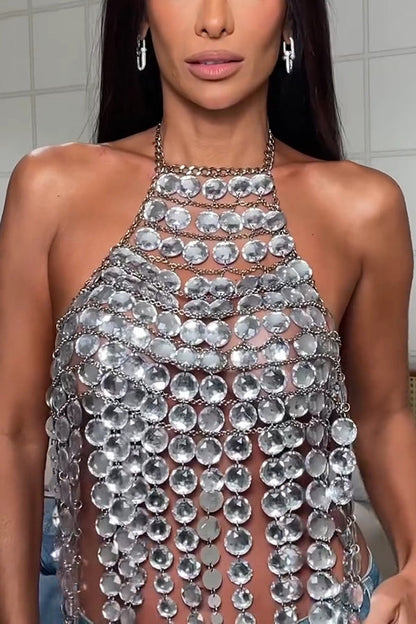 Sexy Halter Neck Metal Chain Gem Backless Vest