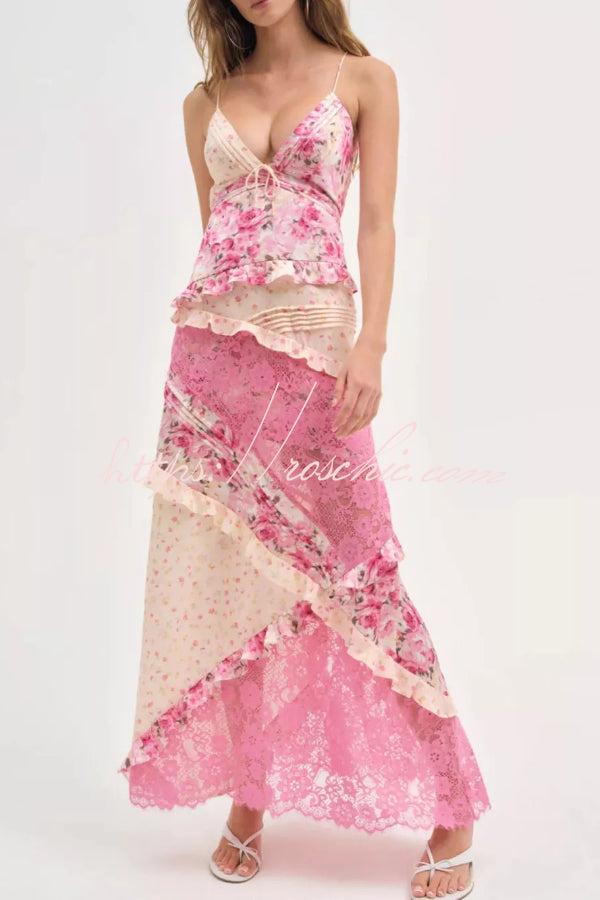 Fashionable Floral Print Lace Patchwork Hollow-out Slim Fit Vacation Ruffle Maxi Dress