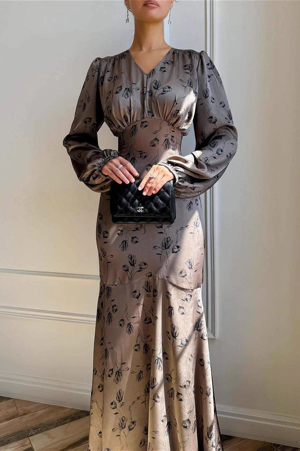 Elegant Satin High Waist Floral Dress