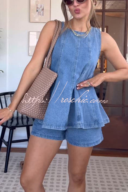 Adventure Awaits Denim Vertical Seam Sleeveless Flare Hem Top and Elastic Waist Pocket Shorts Set