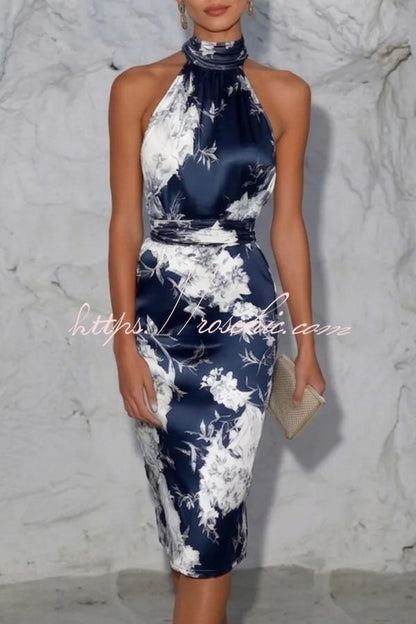 Grinnell Satin Contrast Floral Print Ruched High Neck Sleeveless Midi Dress