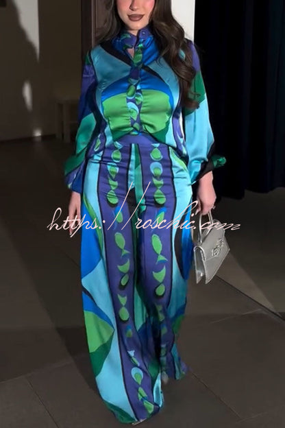 Ellie Satin Unique Print Balloon Sleeve High Low Shirt and Elastic Waist Pocket Loose Pants Set