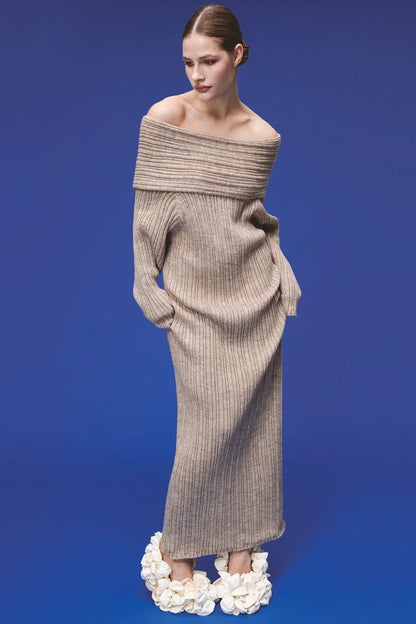 Solid Elegant Minimalist Off Shoulder Bodycon Knit Maxi Dress