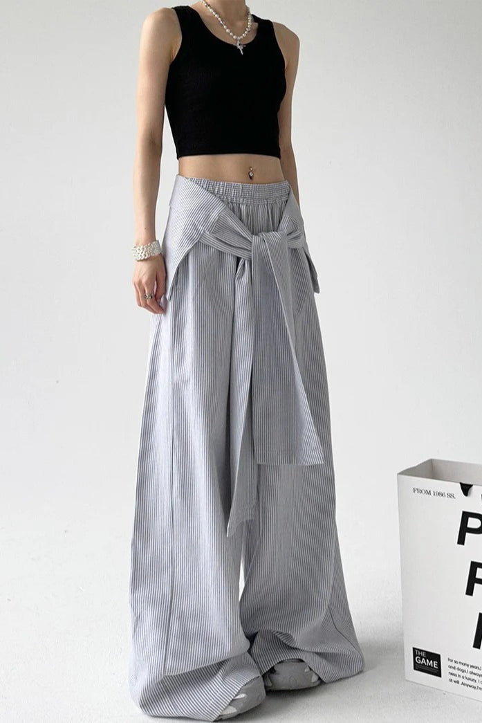 Pantalones Anchos Casuales con Raya y Cinturón
