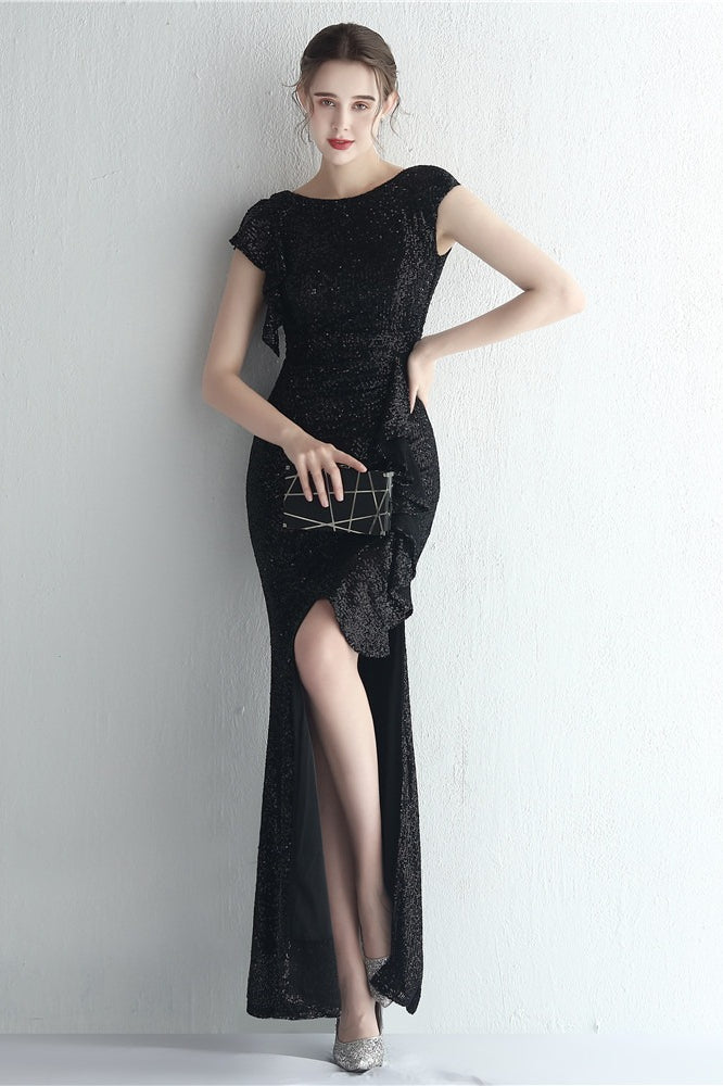 Vestido de gala de sirena con purpurina, cuello alto y abertura
