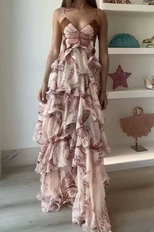 Elegante vestido bohemio plisado con cuello en V