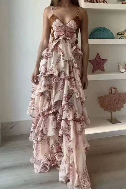 Elegante vestido bohemio plisado con cuello en V