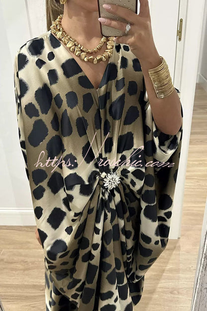 Airy Satin Unique Print V-neck Gemstone Embellished Drape Robe Maxi Dress