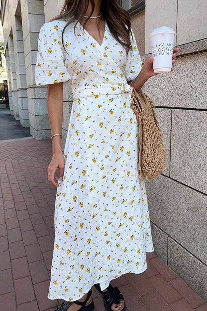 Vestido midi de algodón estampado con mangas abullonadas