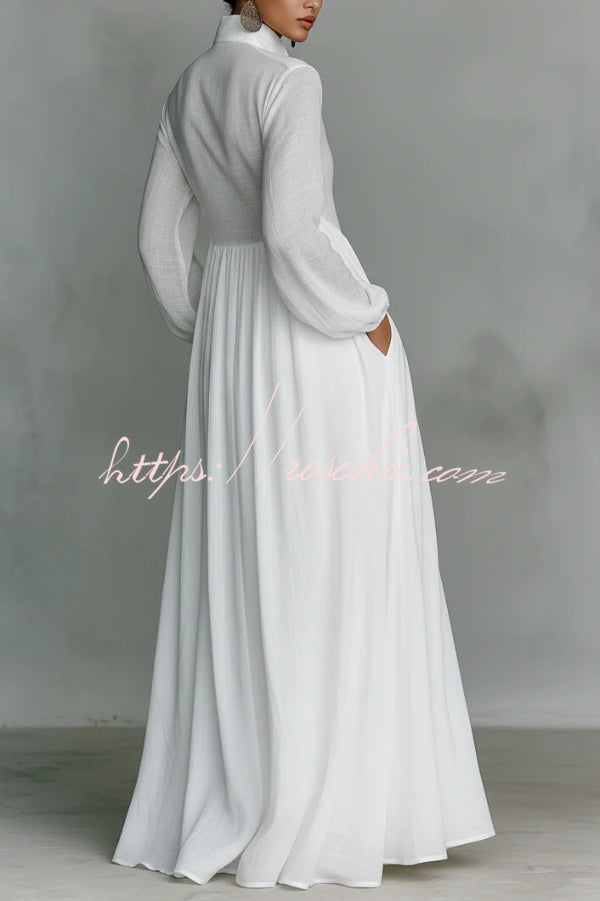 Solid Color Stand Collar Long Sleeve Casual Pocket Maxi Dress