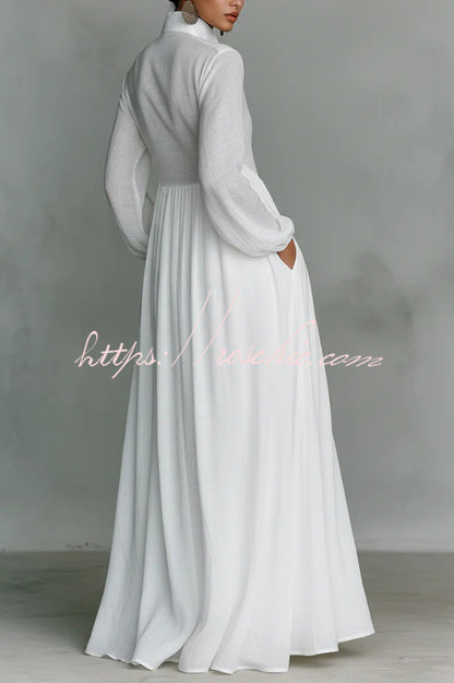 Solid Color Stand Collar Long Sleeve Casual Pocket Maxi Dress