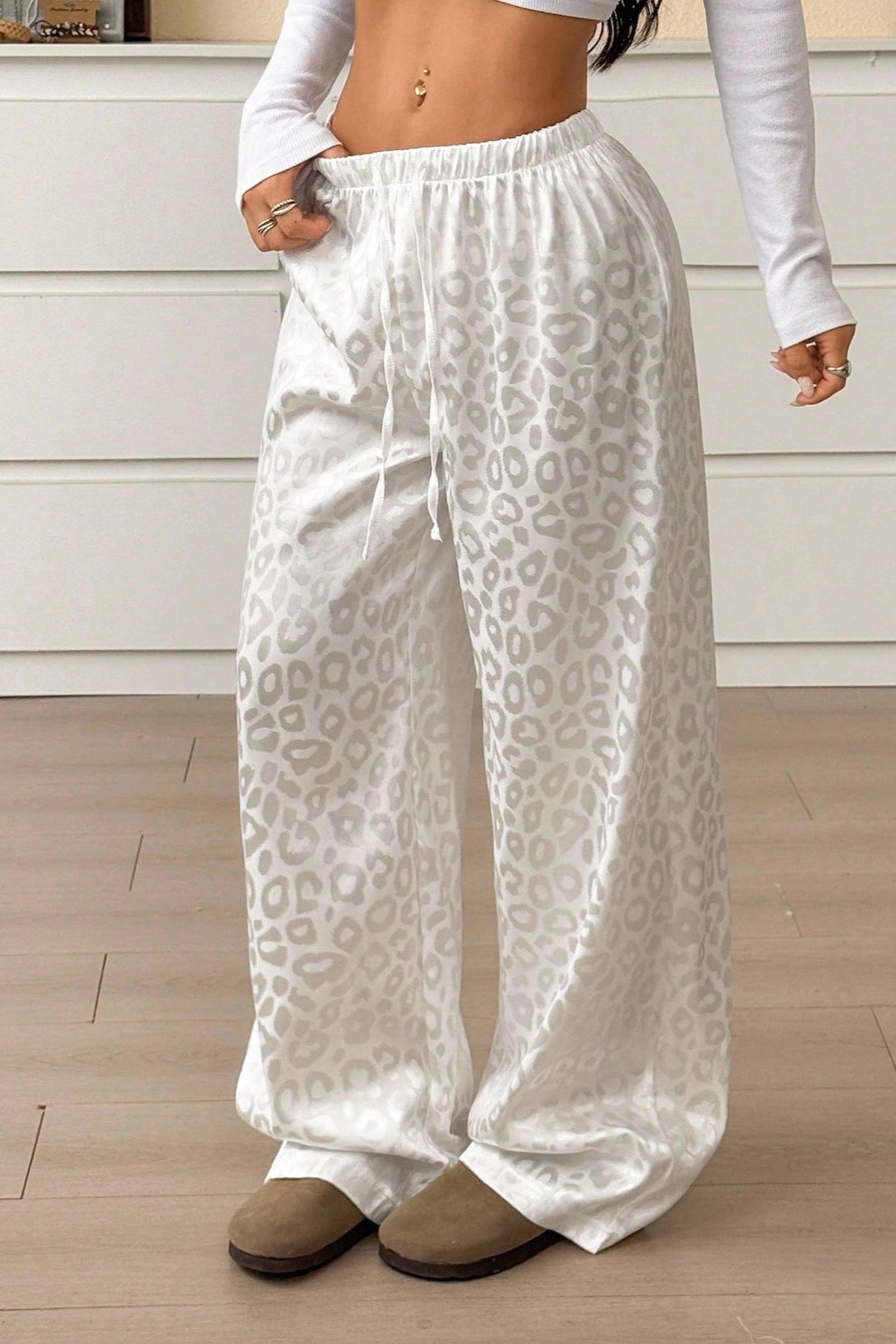 Pantalones Jacquard de Satén Estampado de Leopardo