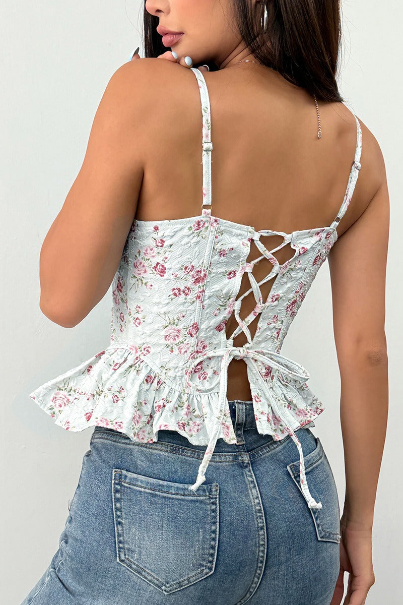 Top de tirantes con volantes irregulares y lazo con estampado floral