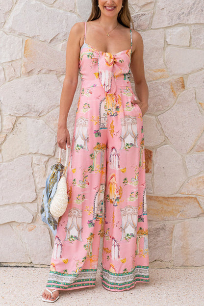 Unique Printed Sleeveless Spaghetti Strap Casual Vacation Loose Wide-Leg Jumpsuit