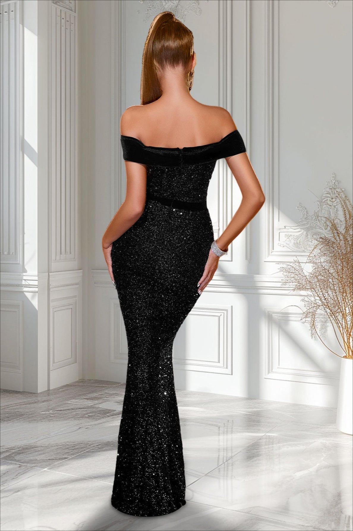 Vestido de Noche Formal con Lentejuelas, Hombros al Descubierto y Abertura